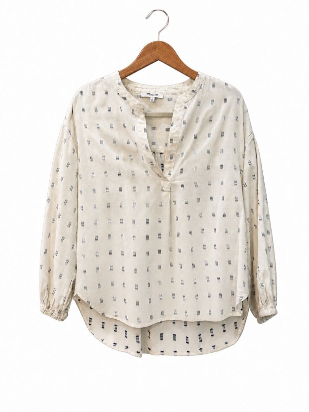 Madewell Small Ivory Navy Print Cotton Popover Blouse Split Neck Relaxed